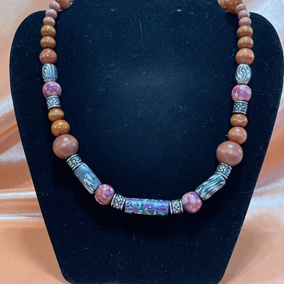 19" Handmade wooden beaded necklace with handmade Fimo beads. - Picture 2 of 3